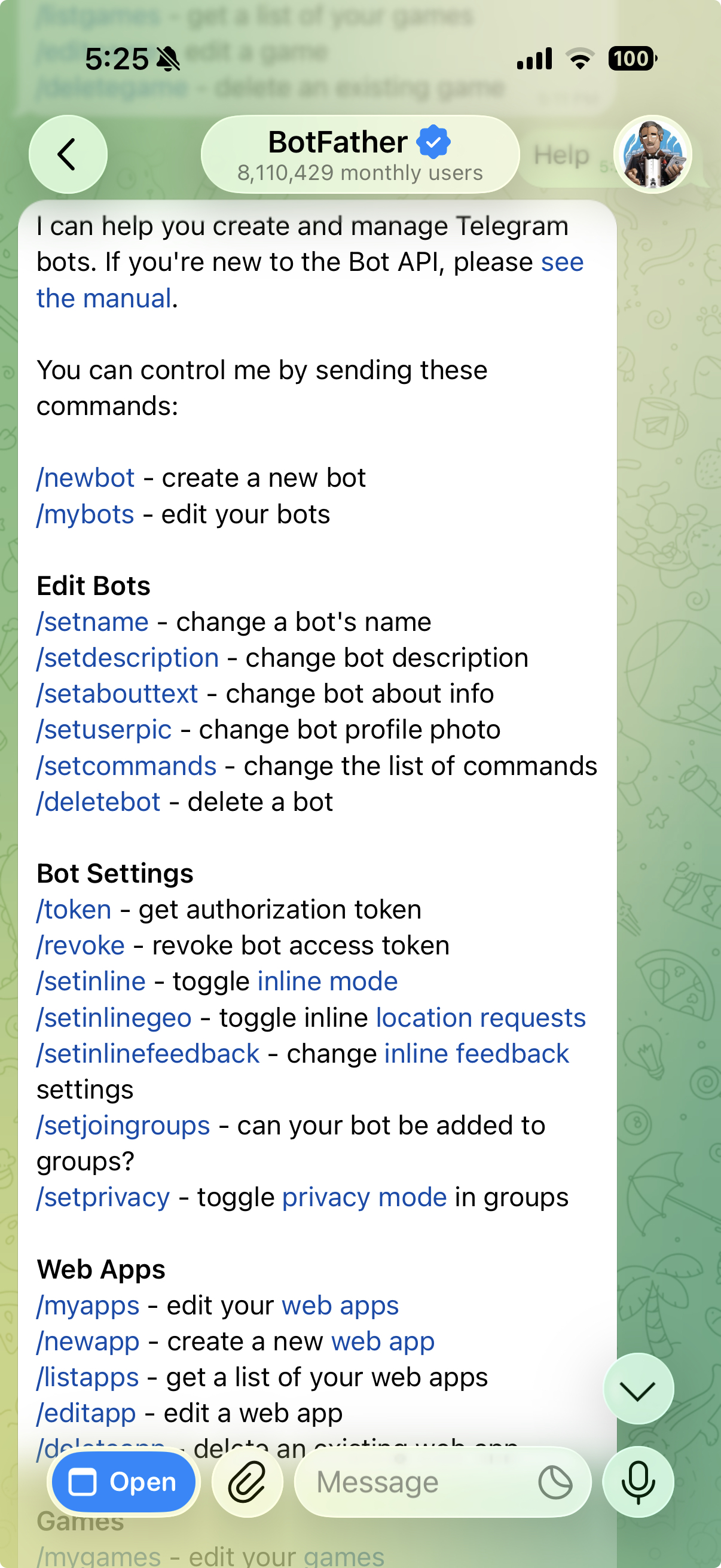 BotFather help message in Telegram