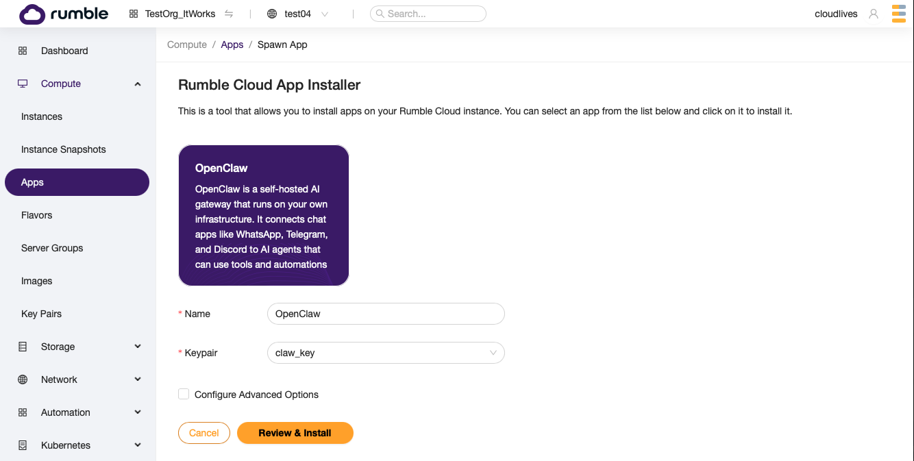 Spawn App form with OpenClaw selected