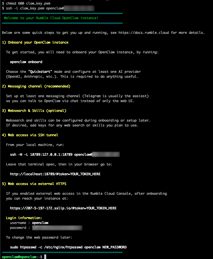 SSH welcome message after connecting to the OpenClaw VM
