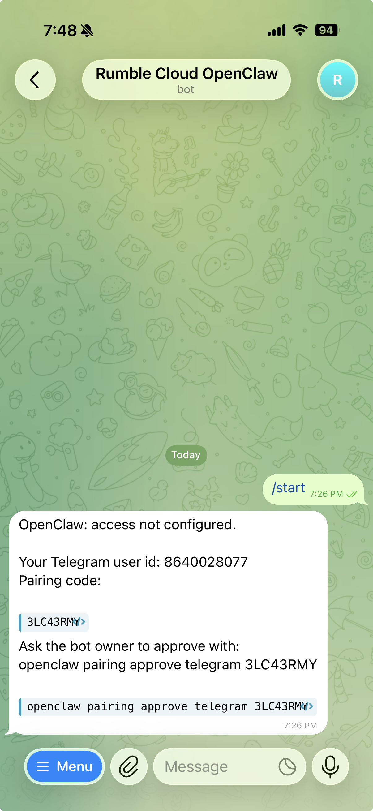 Telegram bot link and first message