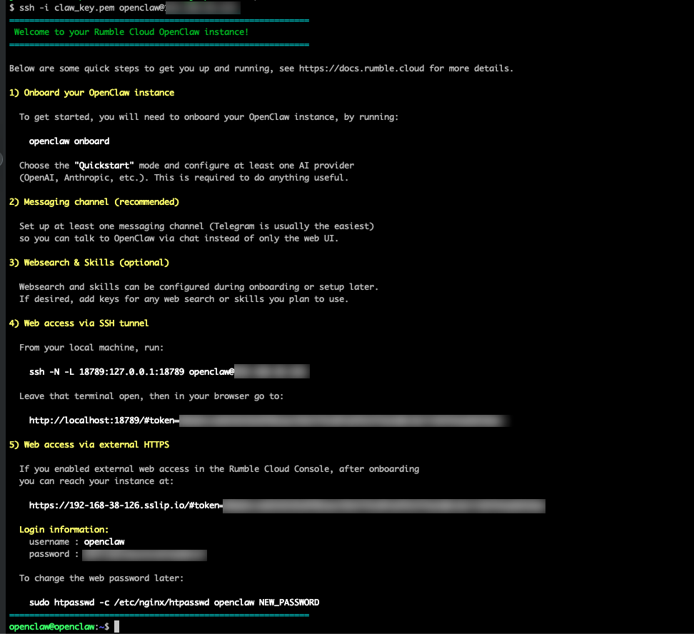 SSH login showing web access information