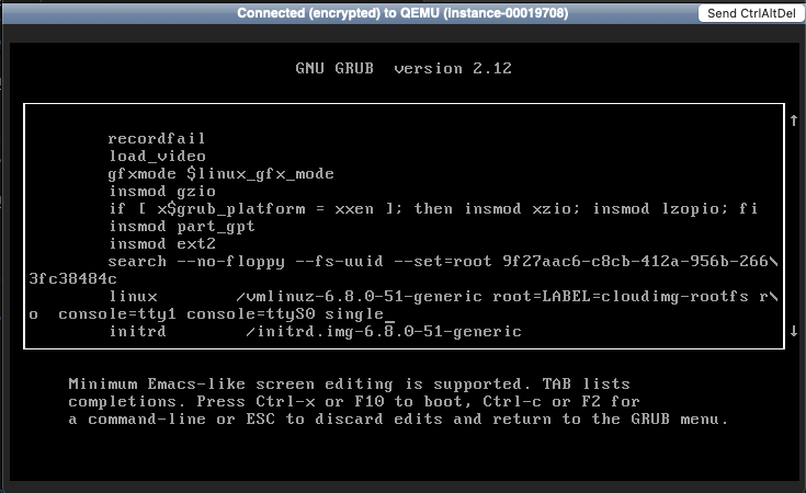 GRUB Edit Entry with the word single added